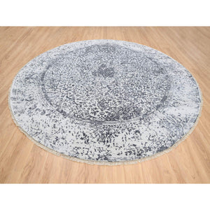 11'9"x11'9" Silver Gray, Hand Knotted Erased Persian Design, Wool And Pure Silk, Round Oriental Rug FWR384348