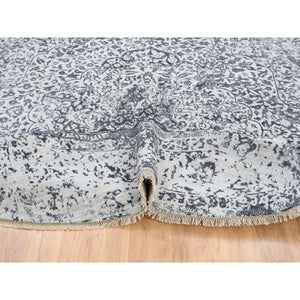 11'9"x11'9" Silver Gray, Hand Knotted Erased Persian Design, Wool And Pure Silk, Round Oriental Rug FWR384348
