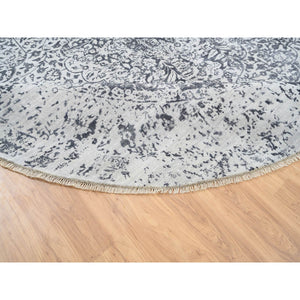11'9"x11'9" Silver Gray, Hand Knotted Erased Persian Design, Wool And Pure Silk, Round Oriental Rug FWR384348