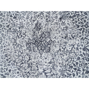 11'9"x11'9" Silver Gray, Hand Knotted Erased Persian Design, Wool And Pure Silk, Round Oriental Rug FWR384348