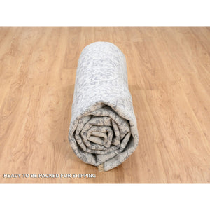 11'9"x11'9" Silver Gray, Hand Knotted Erased Persian Design, Wool And Pure Silk, Round Oriental Rug FWR384348