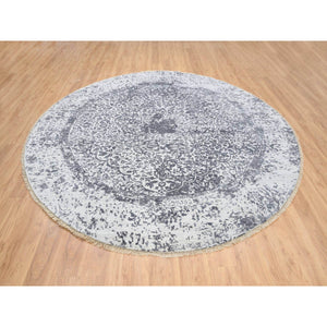 9'9"x9'9" Silver Gray, Erased Persian Design, Wool And Pure Silk Hand Knotted, Round Oriental Rug FWR384354
