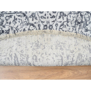 9'9"x9'9" Silver Gray, Erased Persian Design, Wool And Pure Silk Hand Knotted, Round Oriental Rug FWR384354