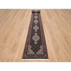 2'4"x27'1" Rich Black Hand Knotted Soft Wool 175 KPSI Tabriz Mahi with Fish Medallion Design XL Runner Oriental Rug FWR384570