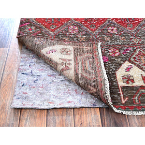 2'7"x9'1" Ruby Red, Overdyed Vintage Northwest Persian, Distressed, Shaved Down, Zero Pile, Sides and Ends Professionally Secured, Hand Knotted, Pure Wool, Runner, Oriental Rug Sh640 FWR3840