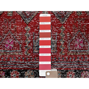 2'7"x9'1" Ruby Red, Overdyed Vintage Northwest Persian, Distressed, Shaved Down, Zero Pile, Sides and Ends Professionally Secured, Hand Knotted, Pure Wool, Runner, Oriental Rug Sh640 FWR3840