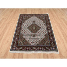 Load image into Gallery viewer, 4&#39;x6&#39;1&quot; Ivory Hand Knotted Tabriz Mahi with Fish Medallion Design Natural Wool ad Silk 175 KPSI Oriental Rug FWR384732