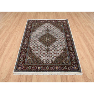 4'x6'1" Ivory Hand Knotted Tabriz Mahi with Fish Medallion Design Natural Wool ad Silk 175 KPSI Oriental Rug FWR384732