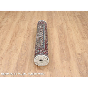 4'x6'1" Ivory Hand Knotted Tabriz Mahi with Fish Medallion Design Natural Wool ad Silk 175 KPSI Oriental Rug FWR384732