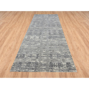 4'1"x12' Light Gray Hand Spun Undyed Natural Wool Modern Criss Cross Erased Design Hand Knotted Wide Runner Oriental Rug FWR384936