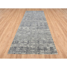 Load image into Gallery viewer, 4&#39;1&quot;x12&#39; Light Gray Hand Spun Undyed Natural Wool Modern Criss Cross Erased Design Hand Knotted Wide Runner Oriental Rug FWR384936