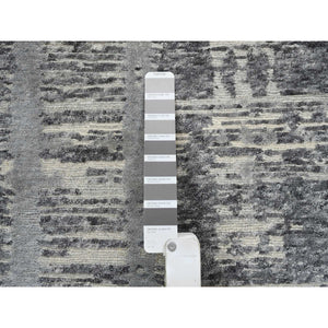 4'1"x12' Light Gray Hand Spun Undyed Natural Wool Modern Criss Cross Erased Design Hand Knotted Wide Runner Oriental Rug FWR384936