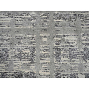 4'1"x12' Light Gray Hand Spun Undyed Natural Wool Modern Criss Cross Erased Design Hand Knotted Wide Runner Oriental Rug FWR384936
