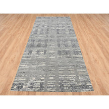 Load image into Gallery viewer, 4&#39;2&quot;x10&#39;1&quot; Light Gray Hand Spun Undyed Natural Wool Modern Criss Cross Erased Design Hand Knotted Wide Runner Oriental Rug FWR384942