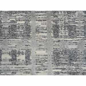 4'2"x10'1" Light Gray Hand Spun Undyed Natural Wool Modern Criss Cross Erased Design Hand Knotted Wide Runner Oriental Rug FWR384942