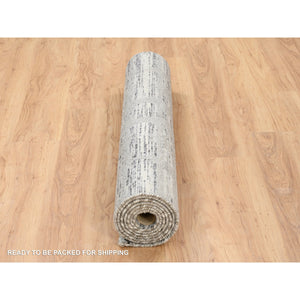 4'2"x10'1" Light Gray Hand Spun Undyed Natural Wool Modern Criss Cross Erased Design Hand Knotted Wide Runner Oriental Rug FWR384942