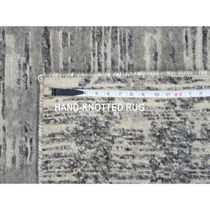4'2"x10'1" Light Gray Hand Spun Undyed Natural Wool Modern Criss Cross Erased Design Hand Knotted Wide Runner Oriental Rug FWR384942