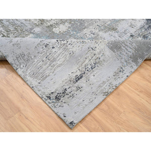 9'x11'10" Gray, Thick And Plush Densely woven Wool And Silk, Hand Knotted Modern Abstract Design, Oriental Rug FWR385098