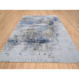7'10"x10' Gray, Denser Weave Wool And Silk Hand Knotted, Modern Abstract Design Soft Pile, Oriental Rug FWR385104
