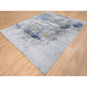 7'10"x10' Gray, Denser Weave Wool And Silk Hand Knotted, Modern Abstract Design Soft Pile, Oriental Rug FWR385104