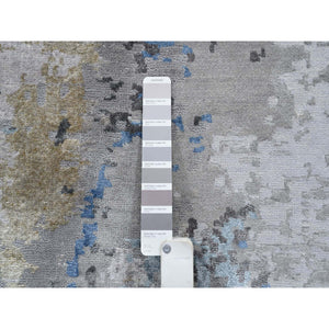 7'10"x10' Gray, Denser Weave Wool And Silk Hand Knotted, Modern Abstract Design Soft Pile, Oriental Rug FWR385104