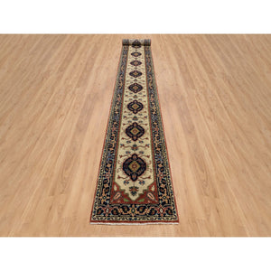 2'5"x19'9" Ivory, Hand Knotted Heriz Revival With Medallions Design Pliable Wool, Xl Runner Oriental Rug FWR385212