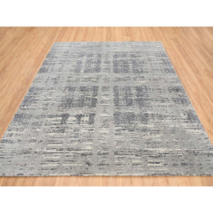 8'2"x8'2" Light Gray Hand Knotted Modern Criss Cross Erased Design Hand Spun Undyed Natural Wool Square Oriental Rug FWR385398