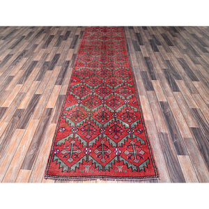 2'8"x9'10" Salsa Red, Vintage Northwest Persian with Serrated Leaf Design, Shaved Low, Zero Pile, Sides and Ends Professionally Secured, Hand Knotted, 100% Wool, Runner, Oriental Rug Sh642 FWR3852
