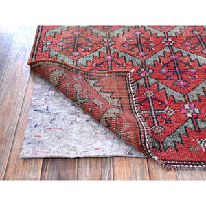 2'8"x9'10" Salsa Red, Vintage Northwest Persian with Serrated Leaf Design, Shaved Low, Zero Pile, Sides and Ends Professionally Secured, Hand Knotted, 100% Wool, Runner, Oriental Rug Sh642 FWR3852