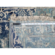 Load image into Gallery viewer, 2&#39;7&quot;x10&#39; Blue-teal Erased Design Wool And Silk Hand Knotted Broken Persian Heriz Runner Oriental Rug FWR386136