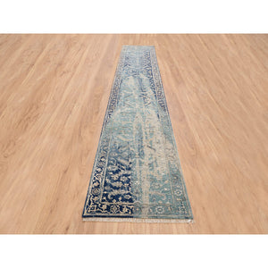 2'7"x15'9" Blue-Teal Erased Design Wool And Silk Broken Persian Heriz Hand Knotted Oriental Runner Rug FWR386202