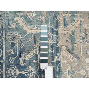 2'7"x15'9" Blue-Teal Erased Design Wool And Silk Broken Persian Heriz Hand Knotted Oriental Runner Rug FWR386202