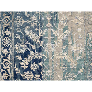 2'7"x15'9" Blue-Teal Erased Design Wool And Silk Broken Persian Heriz Hand Knotted Oriental Runner Rug FWR386202