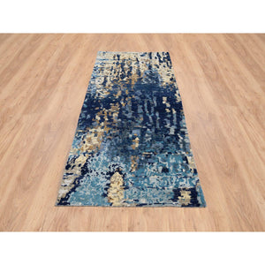 2'6"x8' Denim Blue Mosaic Design Wool And Silk With Mix Of Gold, Hand Knotted Runner Persian Knot Oriental Rug FWR386220