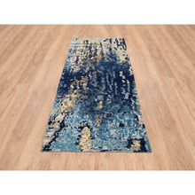 Load image into Gallery viewer, 2&#39;6&quot;x8&#39; Denim Blue Mosaic Design Wool And Silk With Mix Of Gold, Hand Knotted Runner Persian Knot Oriental Rug FWR386220