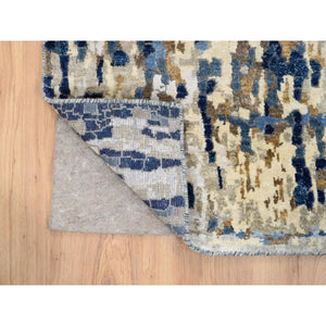 2'6"x8' Denim Blue Mosaic Design Wool And Silk With Mix Of Gold, Hand Knotted Runner Persian Knot Oriental Rug FWR386220