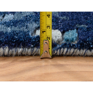 2'6"x8' Denim Blue Mosaic Design Wool And Silk With Mix Of Gold, Hand Knotted Runner Persian Knot Oriental Rug FWR386220