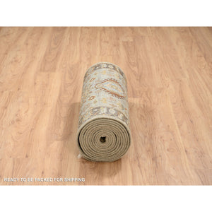 2'8x19'10" Light Gray Karajeh Design with Tribal Medallions Hand Knotted Pure Wool Oriental Runner Rug FWR386274