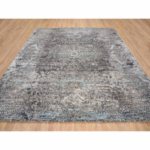 10'3"x10'3" Gray, Hand Knotted Transitional Persian Influence Erased Medallion Design, Silk with Textured Wool, Square Oriental Rug FWR386484