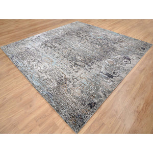 10'3"x10'3" Gray, Hand Knotted Transitional Persian Influence Erased Medallion Design, Silk with Textured Wool, Square Oriental Rug FWR386484