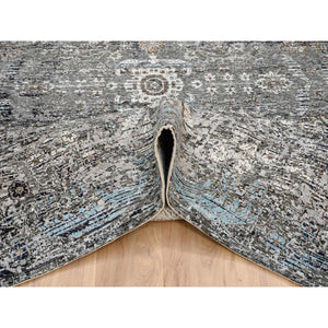 10'3"x10'3" Gray, Hand Knotted Transitional Persian Influence Erased Medallion Design, Silk with Textured Wool, Square Oriental Rug FWR386484