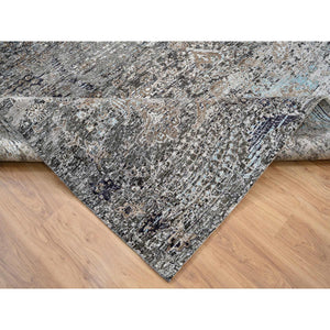 10'3"x10'3" Gray, Hand Knotted Transitional Persian Influence Erased Medallion Design, Silk With Textured Wool, Square Oriental Rug FWR386484