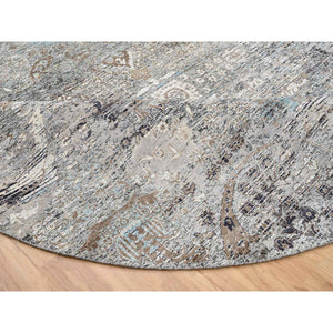 10'3"x10'3" Gray, Silk with Textured Wool Hand Knotted, Transitional Persian Influence Erased Medallion Design, Round Oriental Rug FWR386490