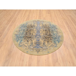 6'x6' Gold Brown, Transitional Sarouk Silk With Textured Wool Hand Knotted, Round Oriental Rug FWR386520