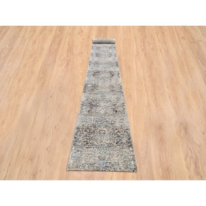 2'6"x20' Gray, Hand Knotted Transitional Persian Influence Erased Medallion Design, Silk with Textured Wool, XL Runner Oriental Rug FWR386544