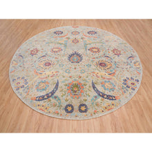 Load image into Gallery viewer, 13&#39;7&quot;x13&#39;7&quot; Tan, Sickle Leaf Design Silk With Textured Wool Hand Knotted, Round Oriental Rug FWR386616