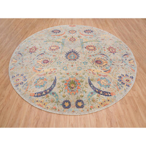 13'7"x13'7" Tan, Sickle Leaf Design Silk With Textured Wool Hand Knotted, Round Oriental Rug FWR386616