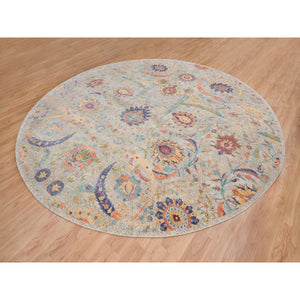 13'7"x13'7" Tan, Sickle Leaf Design Silk With Textured Wool Hand Knotted, Round Oriental Rug FWR386616