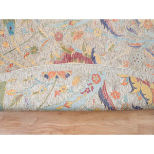 13'7"x13'7" Tan, Sickle Leaf Design Silk With Textured Wool Hand Knotted, Round Oriental Rug FWR386616