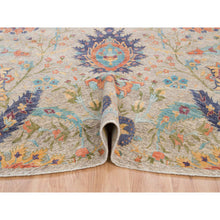 Load image into Gallery viewer, 13&#39;7&quot;x13&#39;7&quot; Tan, Sickle Leaf Design Silk With Textured Wool Hand Knotted, Round Oriental Rug FWR386616